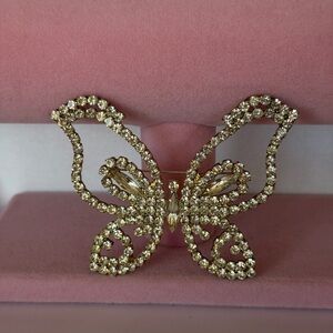 Vintage Clear Rhinestone Butterfly Brooch Pin Mid-Century Open Work Gold Tone